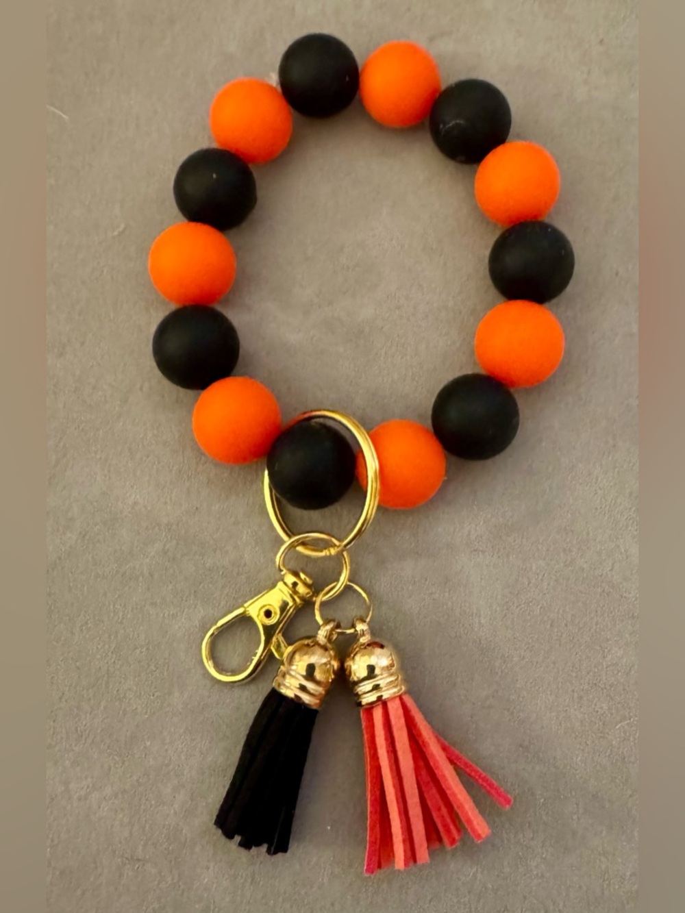 Orange & Black Beaded Keychain Wristlet Bracelet with Tassels and Gold Hardware
